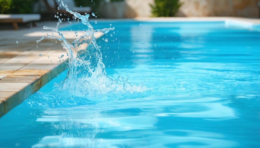 Hand holding water testing equipment above indoor pool with chemical testing supplies on deck