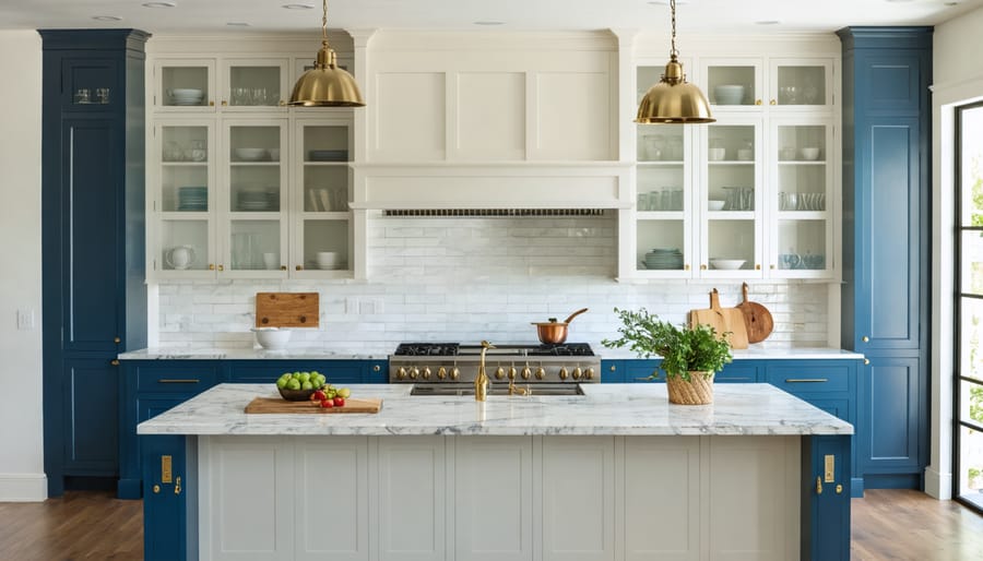 Modern kitchen with sage green cabinets, white countertops, and brass hardware in natural lighting