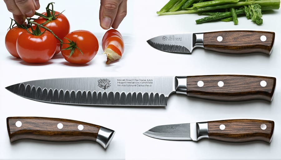 Overhead view of various kitchen knives with hands demonstrating different grip techniques