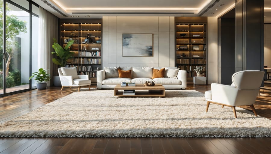 Modern living room with a large area rug centered under a coffee table, sofa and armchairs with front legs on the rug, and an even strip of exposed hardwood floor between the rug and walls, lit by soft natural daylight.