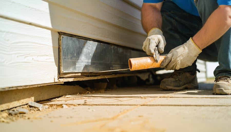 Homeowner in a crawlspace under a mobile home applying mastic and insulation wrap to an exposed metal duct next to a torn bottom board, with piers, skirting, and plumbing softly visible in the background under diffused light.