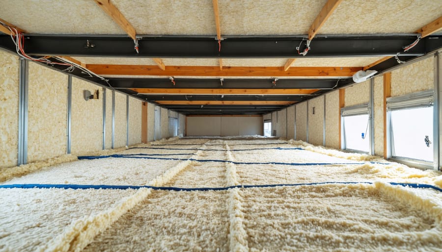 View from beneath a mobile home showing underbelly structure, insulation, and belly wrap material