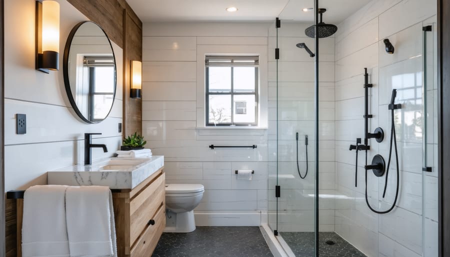 Modern 7x7 bathroom viewed from the doorway, featuring a floating light-wood vanity with white quartz countertop, matte black faucet, frameless glass corner shower with white subway tile and niche, elongated toilet, charcoal hex tile floor, round backlit mirror, warm sconces, folded towels, and a small plant near a frosted window.
