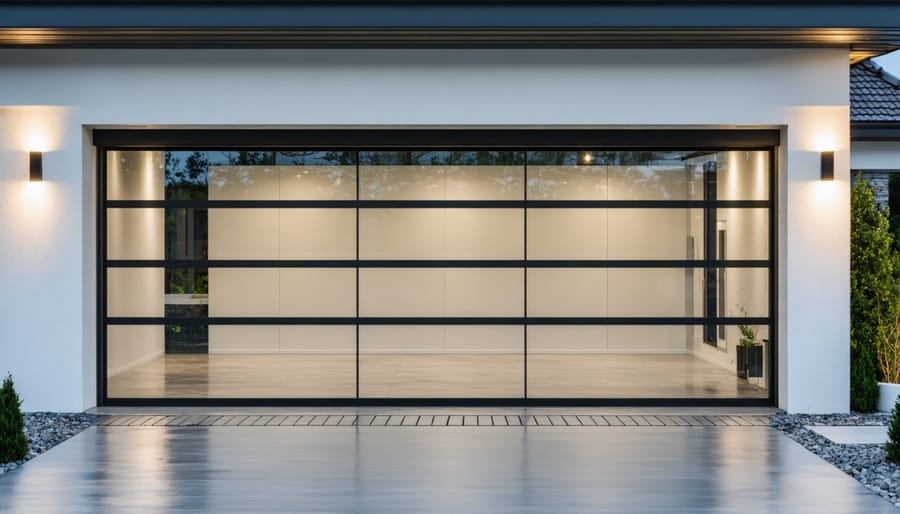 Contemporary home featuring full-view glass garage door with aluminum frames