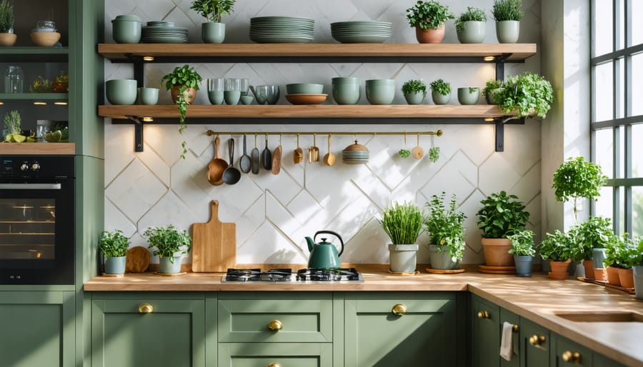 Eye-level view of a modern kitchen with sage-green shaker cabinets, brass pulls, geometric backsplash, under-cabinet LED lighting, open wood shelves with ceramic dishes, and potted herbs near a sunlit window; stove and kettle in the background.