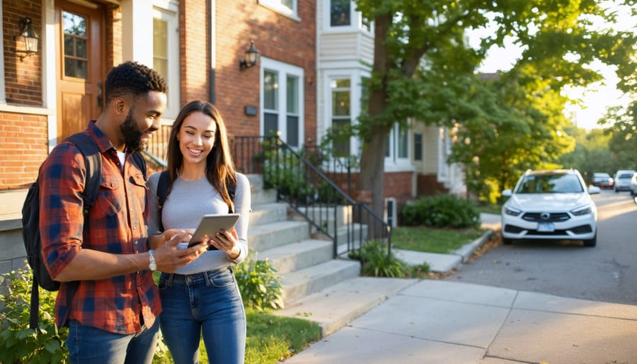 Couple consulting with a lender outside a brick duplex on a tree-lined street at golden hour, with the multifamily building in sharp focus and a single-family house blurred in the background.