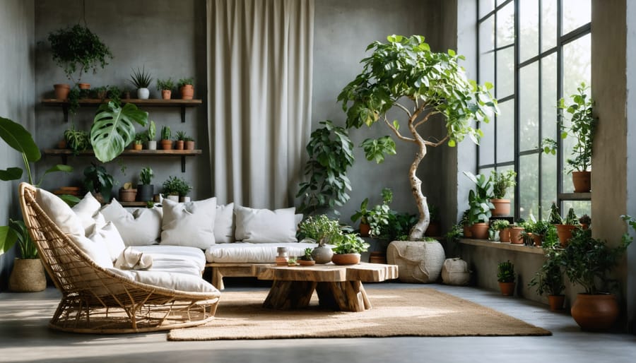 Eye-level wide photo of a modern living room with reclaimed wood coffee table, rattan chair, jute rug, linen curtains, and stone accents, featuring a tall fiddle leaf fig, trailing pothos on shelves, and small succulents in soft natural daylight.