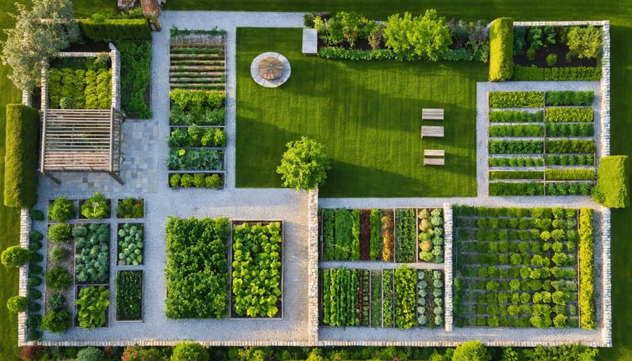 Bird’s-eye view of a carefully planned one-acre garden with raised vegetable beds, flower cutting borders, pergola-topped outdoor kitchen, small meditation bench area, gravel paths, stone walls, and evergreen hedges, with a house and treeline in the background.