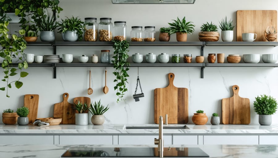 Organized open kitchen shelving displaying white dishes, plants, and wooden accessories