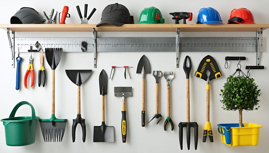 Garden tools neatly organized on shelves inside vinyl storage cabinet