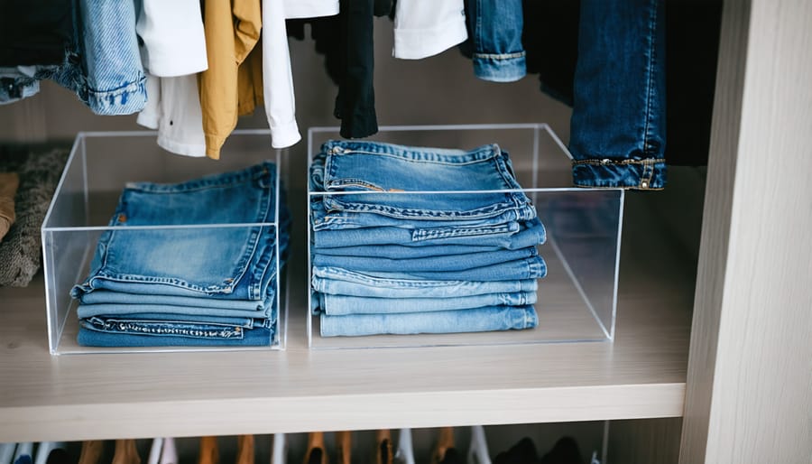 Closet shelf with blue denim jeans folded vertically in clear dividers, photographed from a slight overhead angle, with a blurred rod behind showing jeans hanging from S-hooks and neutral tops; soft natural light and warm wood create a clean, modern feel.