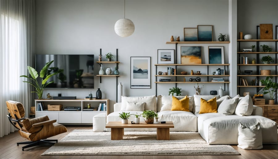 Clean, organized living room with minimal clutter and intentional storage solutions