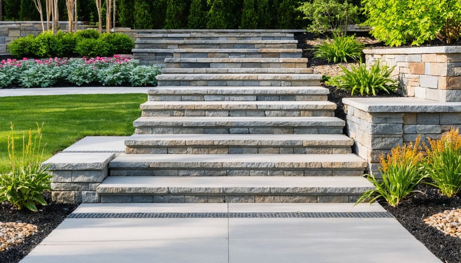 Close-up of landscaper installing concrete pavers showing installation technique