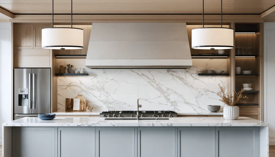 Three modern pendant lights illuminated over kitchen island with marble countertop