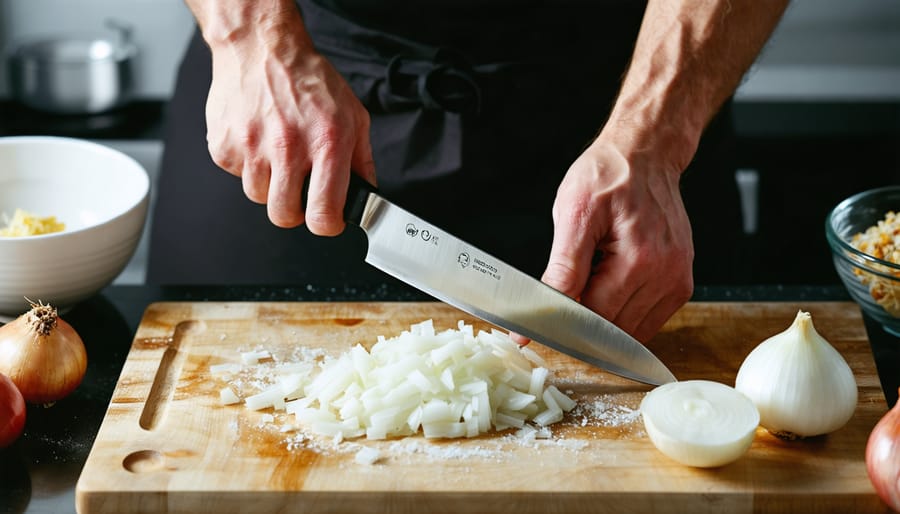 Hands demonstrate the pinch grip on a chef’s knife while dicing a white onion on a wooden cutting board, with the guiding hand in a claw position and a softly lit kitchen blurred in the background.