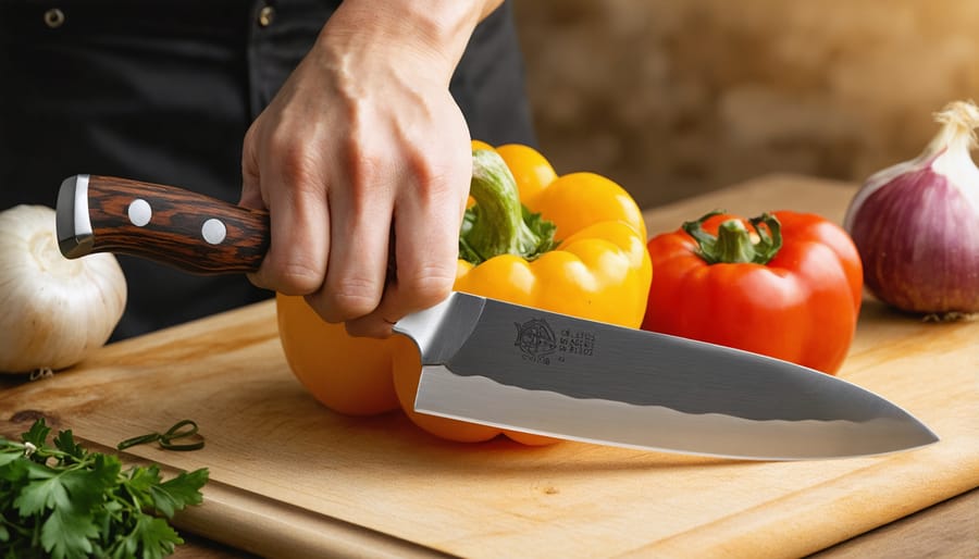 Close-up of hand demonstrating proper pinch grip technique on chef's knife blade