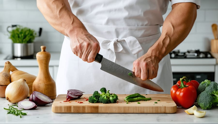 Home cook using proper knife grip while chopping fresh herbs on cutting board