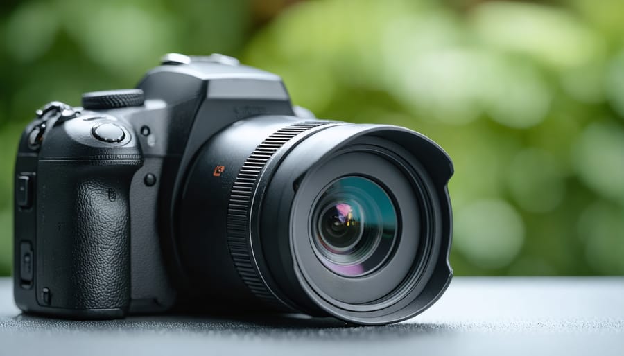 Person setting up home security camera with smartphone on table