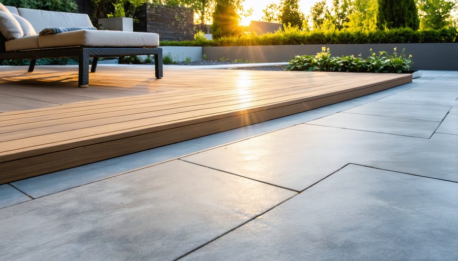 Wide backyard scene showing composite decking adjoining a smooth concrete patio in warm side light, with a subtle seam between surfaces, lush greenery, and softly blurred outdoor lounge furniture and planters in the background.