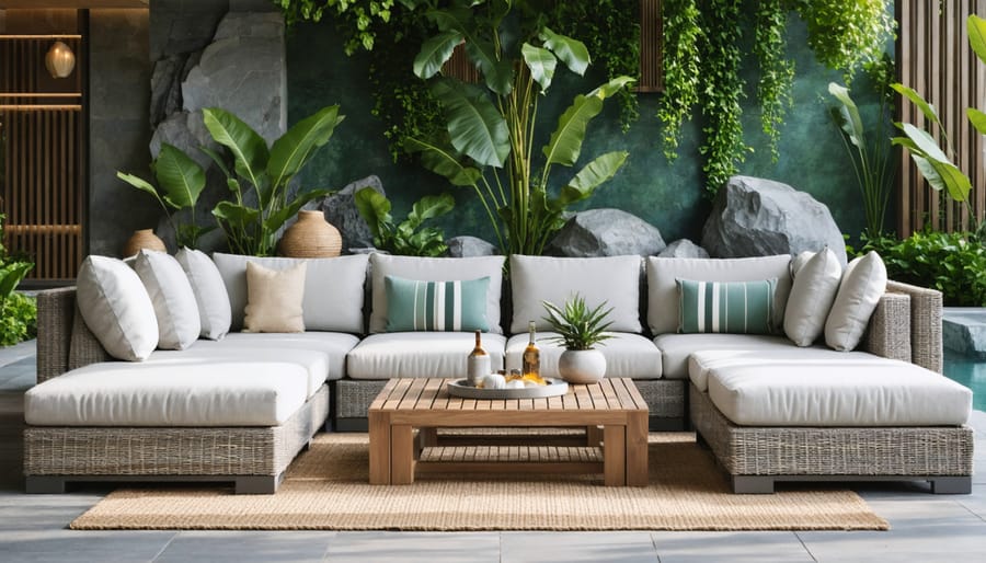 Premium outdoor furniture set featuring teak and aluminum construction on patio