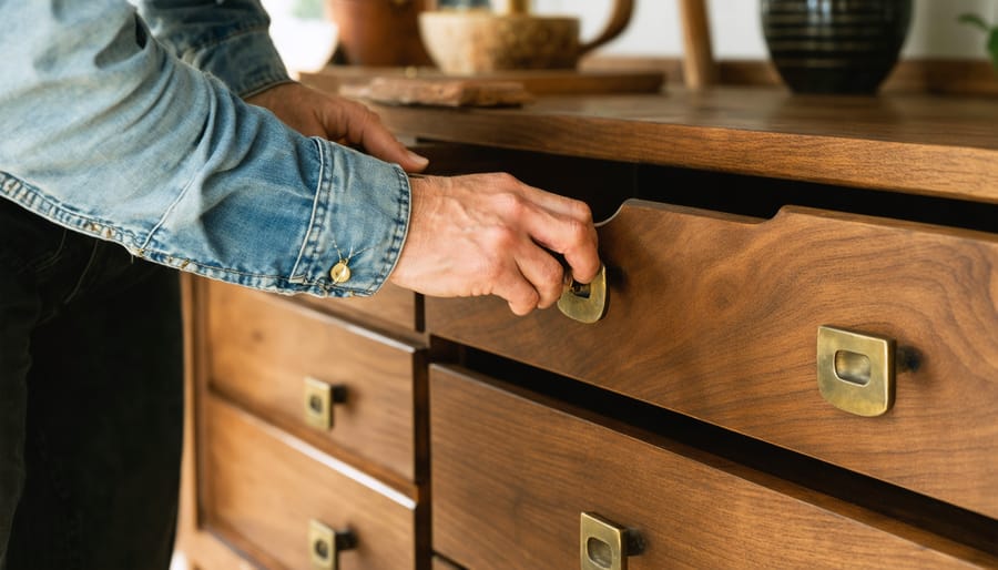 Hand testing the smooth glide of a refurbished mid-century walnut dresser drawer with visible dovetail joinery and brass pulls, in a sunlit workshop-showroom with other restored furniture softly blurred in the background.