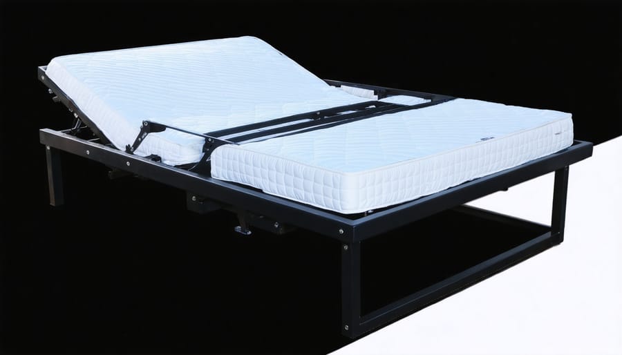 Close-up of reinforced steel bed frame showing thick metal beams and welded construction joints