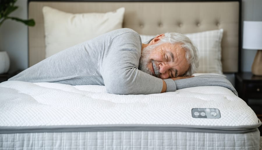 Senior woman resting comfortably on an elevated adjustable bed in a peaceful bedroom setting