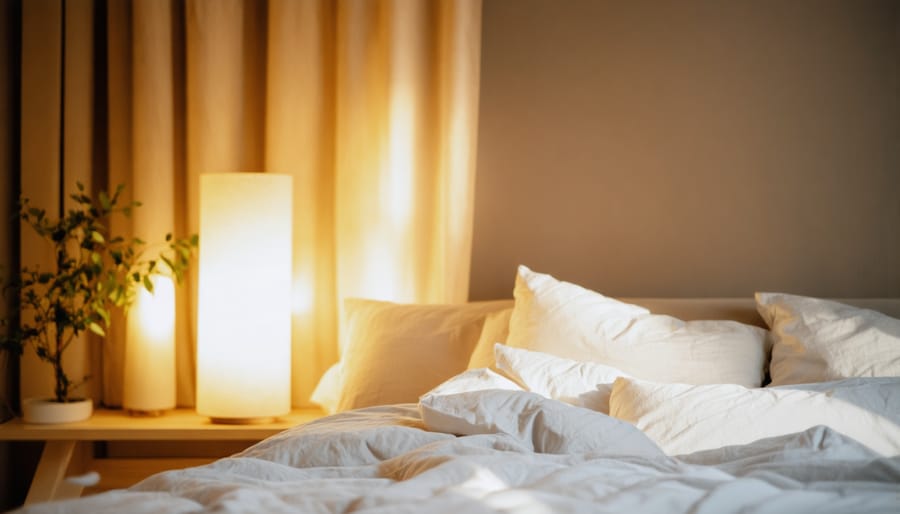 Bedroom with warm smart lighting from bedside lamps and LED accent lights creating cozy evening atmosphere