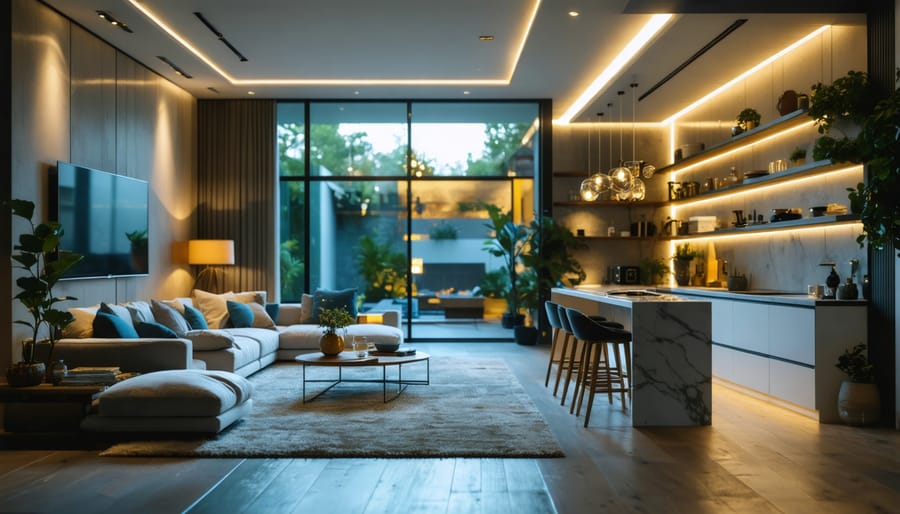 Open-plan living room and kitchen at night illuminated by layered smart lighting, including a warm floor lamp, dimmed pendants, and color LED strips, with modern decor and city lights in the background.