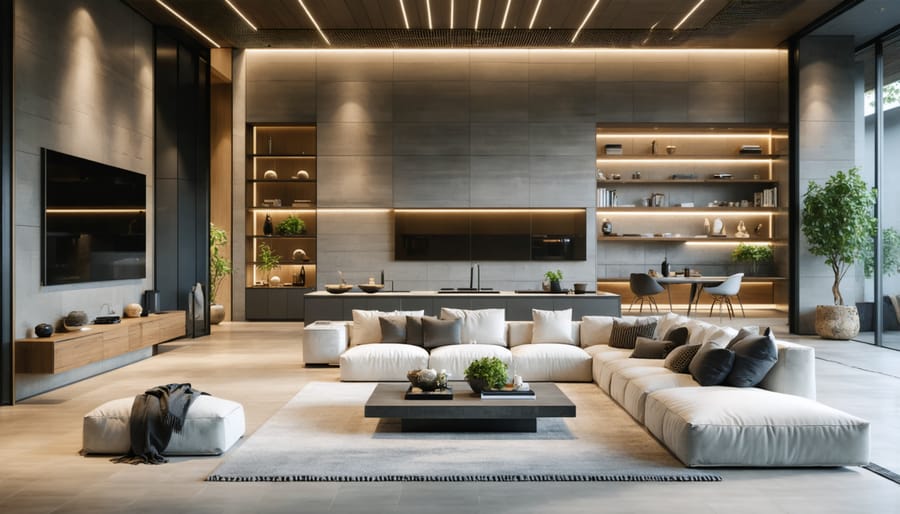 Modern living room with layered smart lighting including ceiling lights, LED strips, and floor lamps