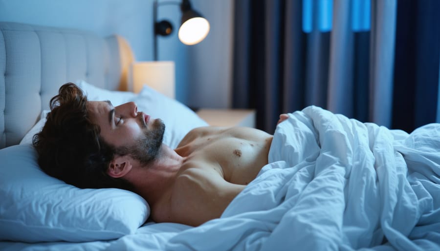 Adult sleeping comfortably under smooth cooling sheets in a modern bedroom, lit by cool window light and a warm bedside lamp, with a ceiling fan and nightstand softly blurred in the background.