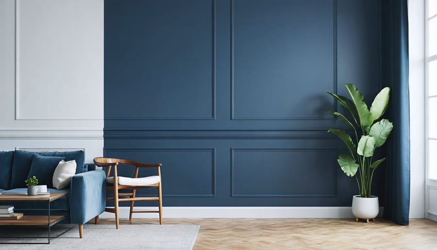 Eye-level view of a contemporary living room corner with two-tone walls—deep navy on the lower half and warm white above—separated by a chair rail, with a blurred gray sofa, wood console, and green houseplant under soft natural daylight.