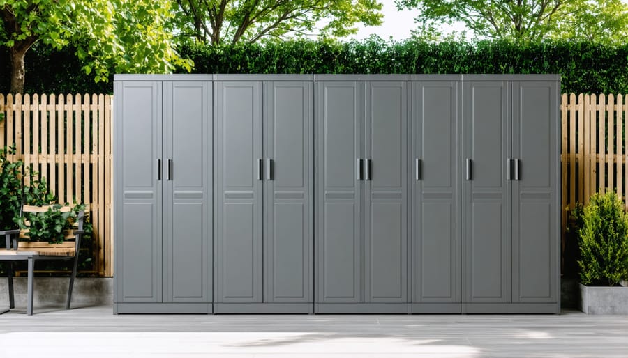 Beige vinyl outdoor storage cabinet on patio with garden in background