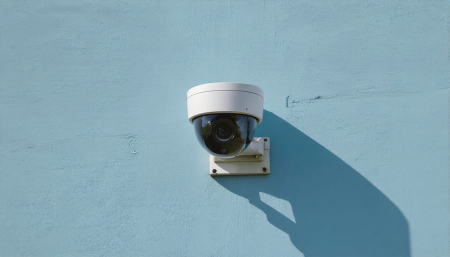 Home security camera mounted on exterior wall with glowing red indicator light