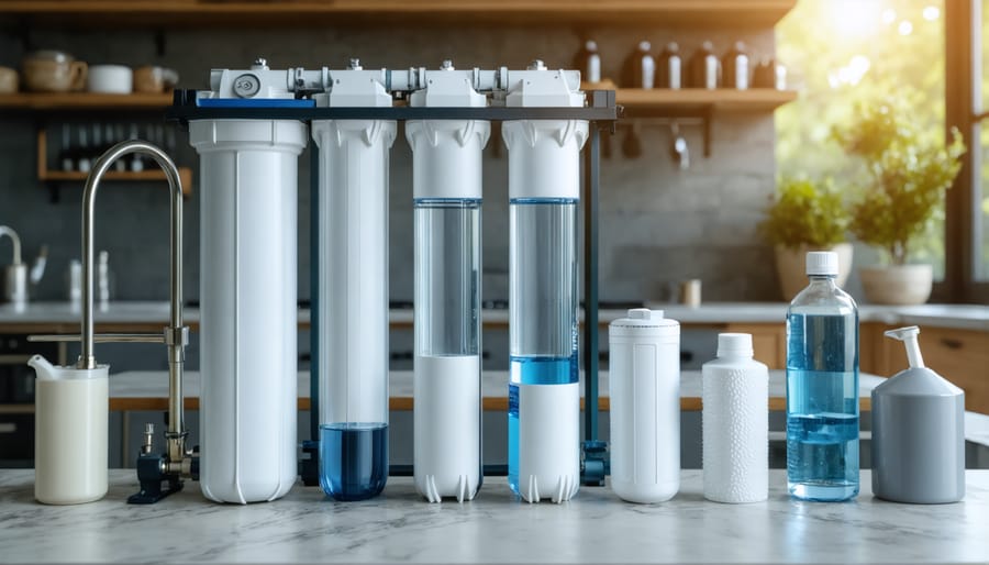 Overhead view of water filter materials including plastic bottles, coffee filters, charcoal, sand, and gravel arranged on table