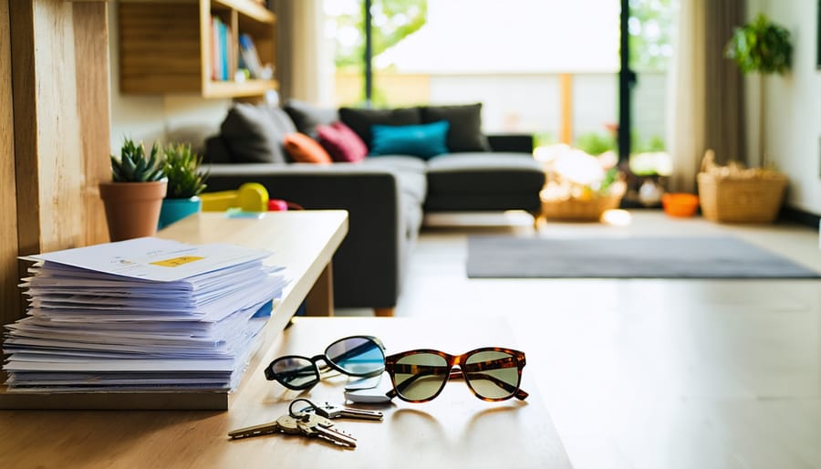 Sunlit modern living room with a neat entry console crowded by unsorted mail, keys, sunglasses, and scissors in sharp focus; softly blurred sofa, toy basket, and shelving visible in the background.