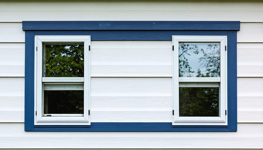 Close-up of hands installing weatherstripping tape on mobile home window frame