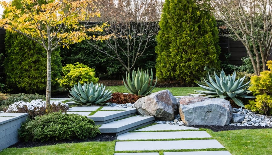 Winter garden scene showing evergreen hedges, stone pathways, and structural elements with frost