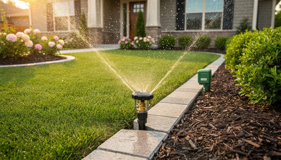 Low-angle photo of an active pop-up rotor sprinkler spraying arcs across a suburban yard with defined zones of lawn, mulched flower beds, and shrubs, stone edging, and a house softly visible in the background at golden hour.