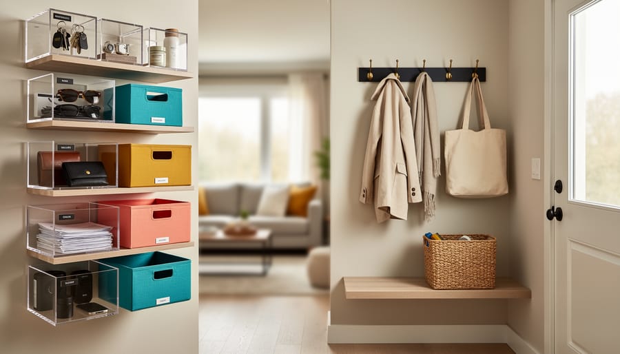 Eye-level view of an entryway with open shelves of transparent bins, color-coded baskets, and a single woven drop-zone basket with wall hooks, softly lit by natural daylight and a blurred living room beyond.