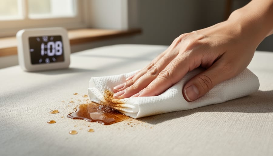 Hands using paper towel to blot fresh coffee stain on white shirt