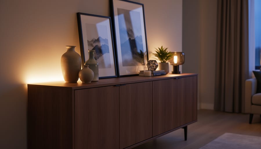 Dark kitchen cabinets with LED accent lighting illuminating minimalist vases on top