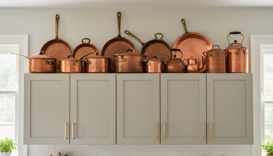 Kitchen cabinet tops decorated with vintage copper cookware and ceramic crocks