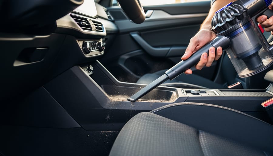 Handheld vacuum with crevice tool cleaning between car leather seat seams