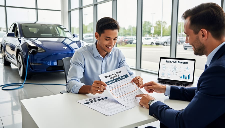 Person checking electric vehicle tax credit eligibility information on smartphone at dealership
