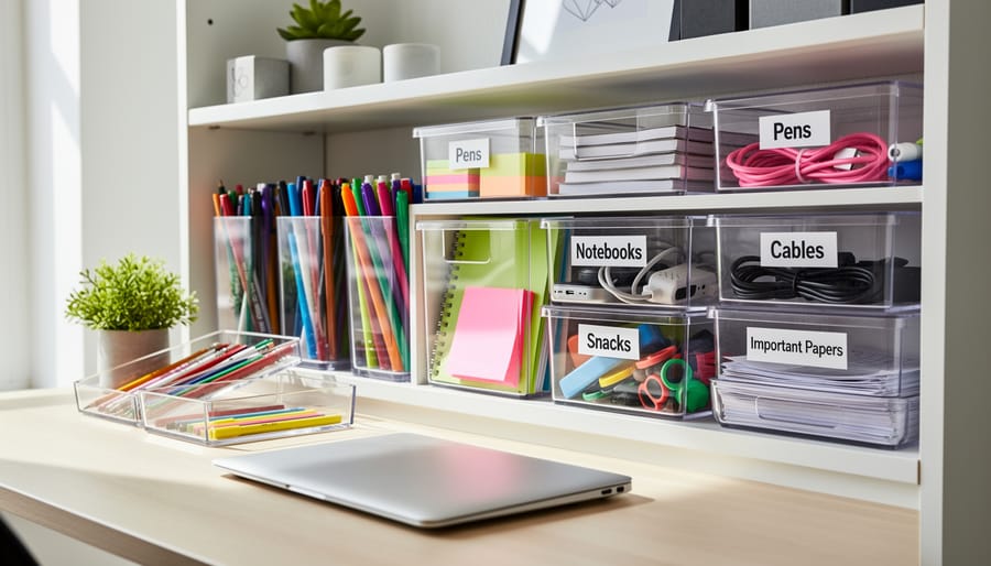 Overhead view of organized kitchen drawer with clear dividers showing visible utensils