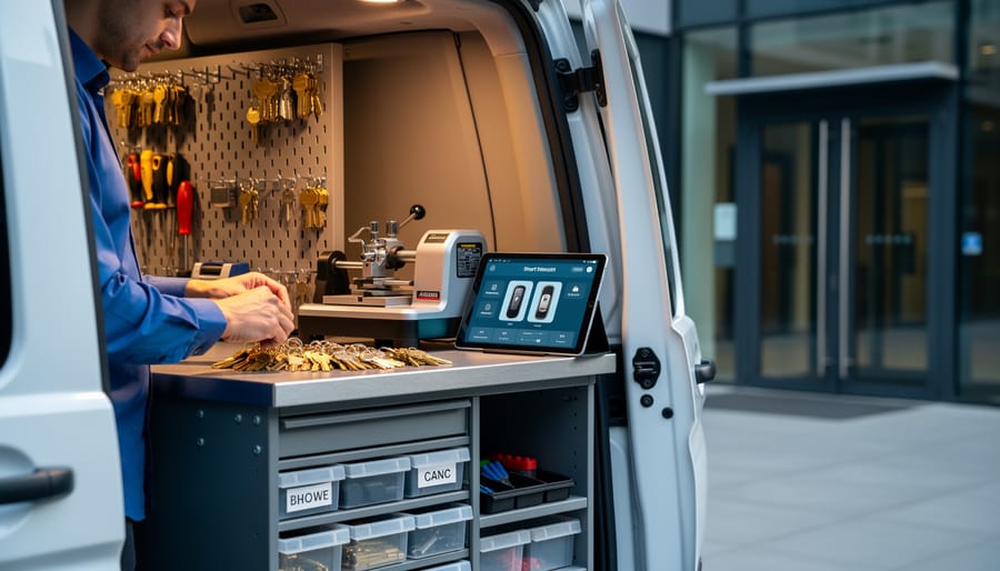 Open side of a mobile locksmith van showing organized tools, key-cutting machine, and smart-lock programming device, with a technician’s hands arranging brass keys and a commercial building entrance blurred in the background.
