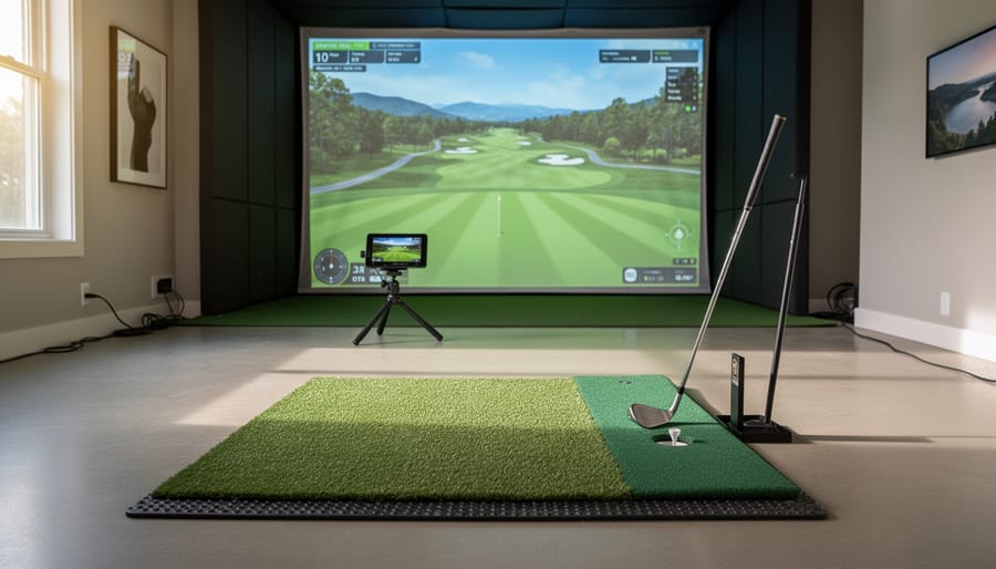 Finished DIY golf hitting mat installed in home garage simulator setup with club and balls
