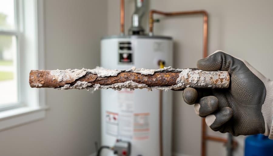 Corroded water heater anode rod showing severe deterioration and calcium buildup