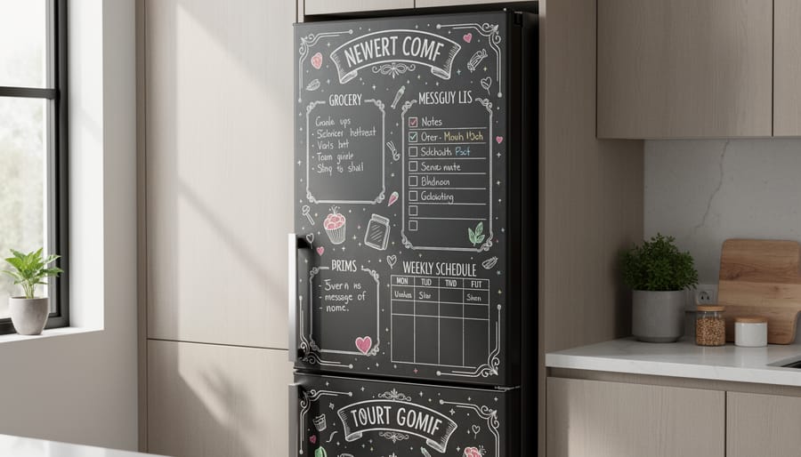 Refrigerator with chalkboard magnetic cover decorated with grocery list and autumn magnets